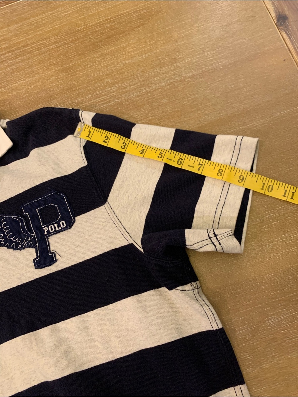 Ralph Lauren Navy & White Striped Rugby Shirt with Embroidered P Patch - Picture 7 of 11